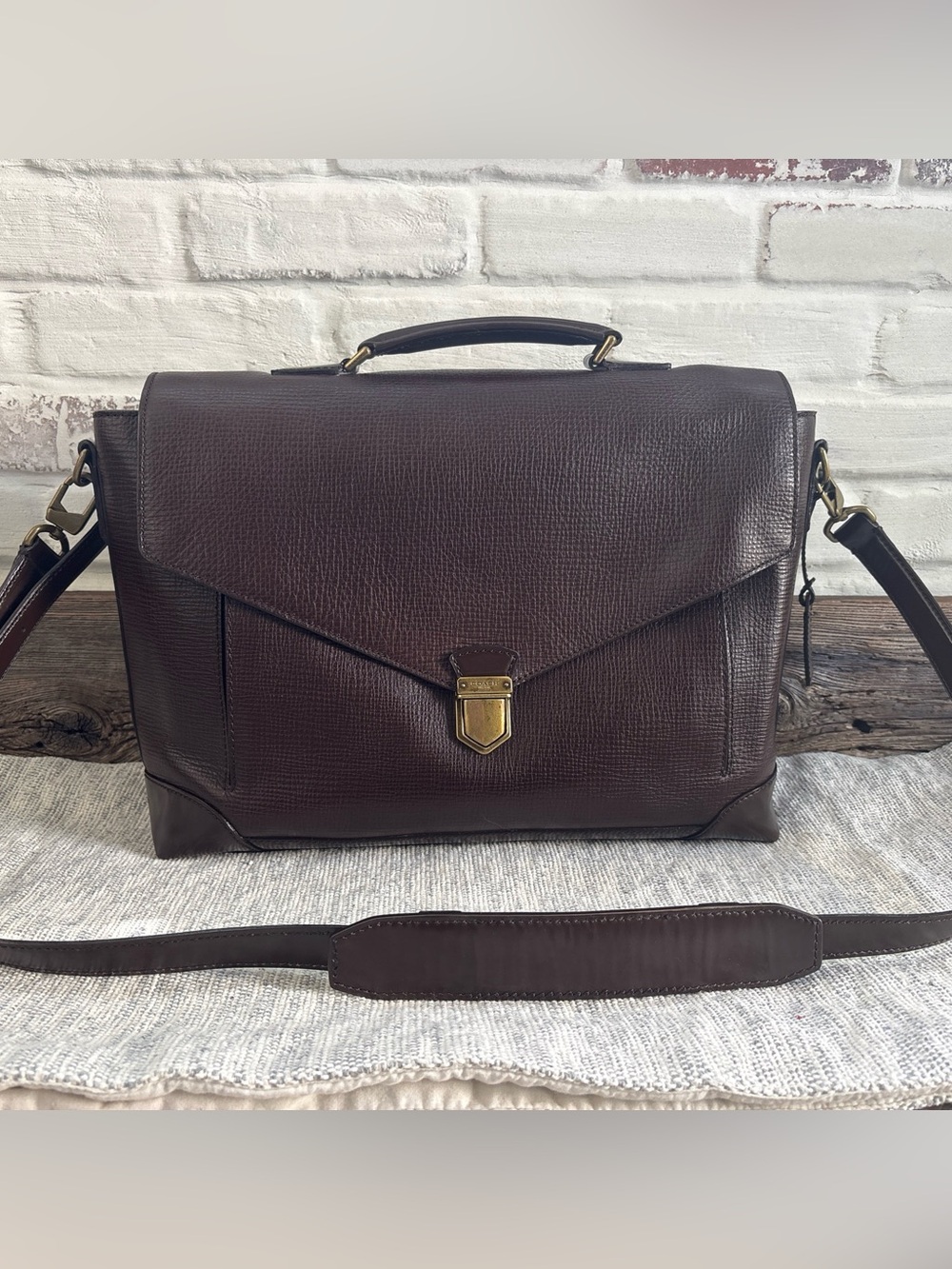 Coach Crosby Box Grain Textured Leather Flap Brief 70961 Brass/Brown- Clean- VGC
